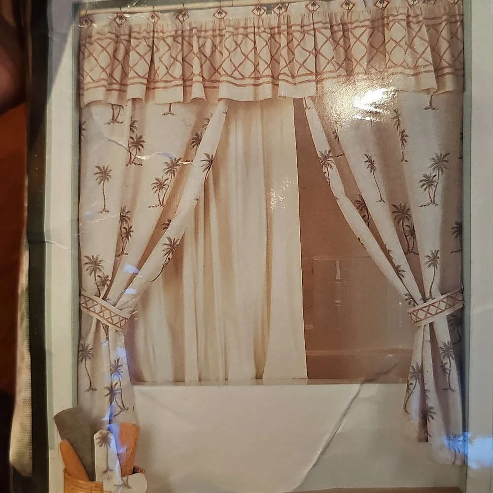 Palm Tree Shower Curtain - Cream - Valance Attached - No Liner